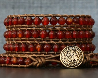 wrap bracelet- red orange carnelian on bronze leather- beaded leather ladder bracelet - boho western jewelry - mens or womens