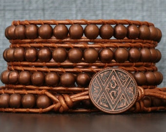 READY TO SHIP wrap bracelet- copper plated metal beads on copper leather - beaded mens boho gypsy bohemian southwest