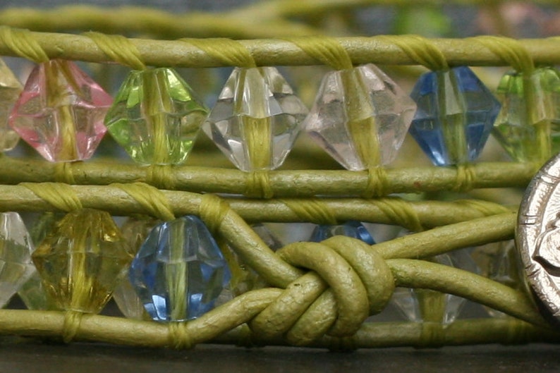 wrap bracelet light spring green leather pastel bicone crystal beads triple wrap 3x image 2