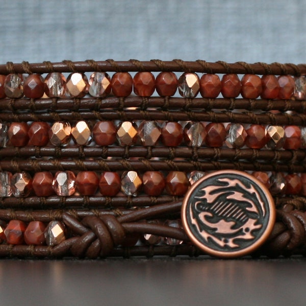 wrap bracelet- copper and brick red crystal on dark brown leather - boho gypsy bohemian jewelry - beaded - burnt orange