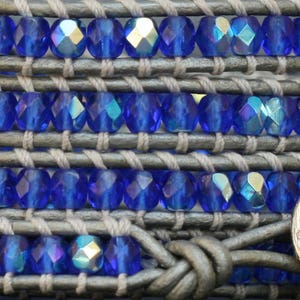 crystal wrap bracelet sapphire blue aurora borealis on silver leather cobalt beaded leather 5 wrap boho gypsy bohemian image 2