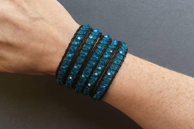 Natural Aquamarine Rectangular Stone Leather Beaded Wrap Bracelet main image 0