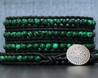 wrap bracelet- malachite and black leather- beaded leather wrap bracelet - boho mens or womens