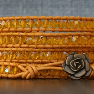 READY TO SHIP yellow crystal wrap bracelet - golden yellow beads on gold leather - mustard - ochre - flower button