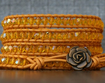 READY TO SHIP yellow crystal wrap bracelet - golden yellow beads on gold leather - mustard - ochre - flower button
