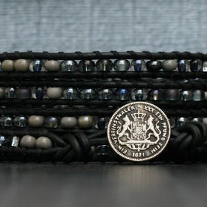 mixed silver and grey beaded leather wrap bracelet on black leather - simple modern bohemian jewelry - mens or womens