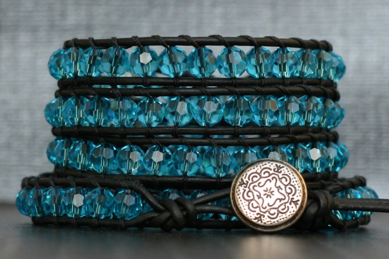 Natural Aquamarine Rectangular Stone Leather Beaded Wrap Bracelet