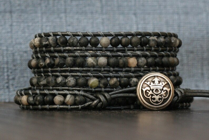 wrap bracelet black grey marble on pewter leather beaded leather gypsy bohemian boho men or women crown button image 3