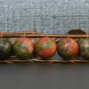 unakite bracelet single wrap on bronze leather bronze button pink green beaded image 3