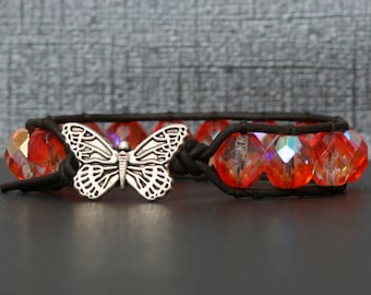 butterfly bracelet - monarch butterfly jewelry - wrap bracelet - orange crystal on black brown leather - glam bohemian