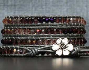 READY TO SHIP wrap bracelet- ombre orchid purple lavender pink crystal on silver leather