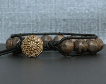 wrap bracelet - bronzite on black brown leather - single wrap - coffee larvikite - brown moonstone - boho gypsy bohemian - mens or womens