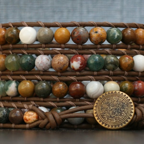 Western sieraden - Boheemse sieraden - jasper wrap armband-Oceaan jasper op chocolade bruin leder - earthtones