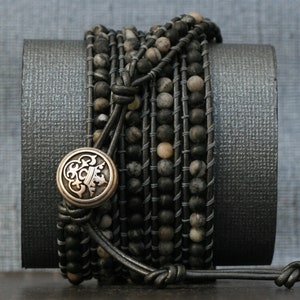 wrap bracelet black grey marble on pewter leather beaded leather gypsy bohemian boho men or women crown button image 4