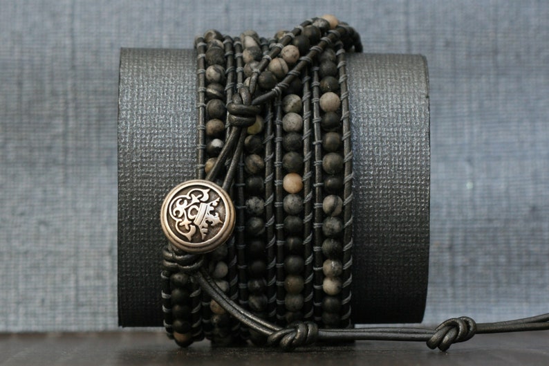 wrap bracelet black grey marble on pewter leather beaded leather gypsy bohemian boho men or women crown button image 4