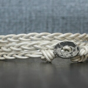 bright white braided leather wrap bracelet with distressed silver button - bohemian jewelry - casual jewelry - simple jewelry