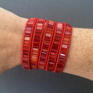 wrap bracelet fire dance tile beads on red leather orange pink gypsy bohemian boho hot colors image 6