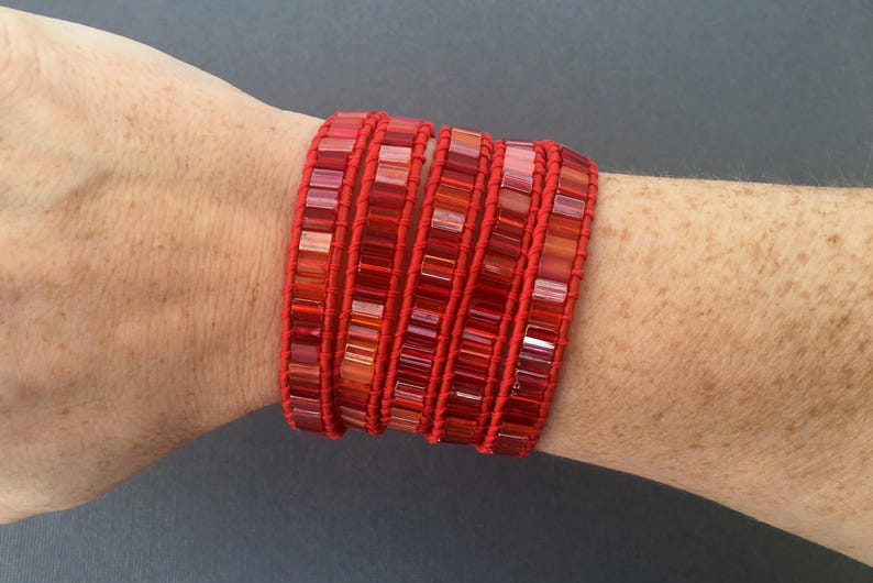 wrap bracelet fire dance tile beads on red leather orange pink gypsy bohemian boho hot colors image 6