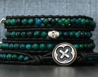 skull wrap bracelet- silver skulls and chrysocolla on black leather - beaded leather - turquoise green - for men or women