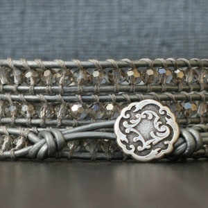READY TO SHIP wrap bracelet- silver smoke crystal on silver leather- beaded leather 4 wrap bracelet