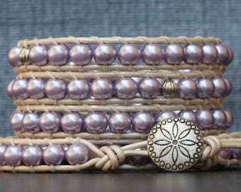 leather and pearl wrap bracelet- lavender glass pearls with silver accents on pearl white leather