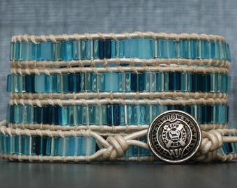 wrap bracelet- blue tiles on pearl white leather - light blue aqua cobalt - boho jewelry