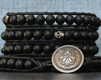 READY TO SHIP skull jewelry - wrap bracelet- gunmetal skulls and obsidian on black leather- beaded - boho gypsy bohemian biker rocker gothic