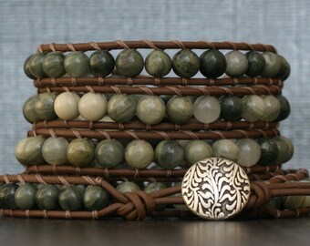 boho western jewelry - wrap bracelet- green line jasper on chocolate brown leather- mens or womens jewelry