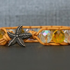 starfish beach bracelet - mermaid jewelry - golden yellow crystal on gold leather - mustard ochre