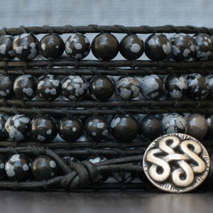 snowflake obsidian wrap bracelet on black leather- black, grey and silver - mens or women&#39;s - boho western gothic biker
