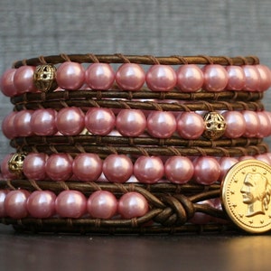 pearl wrap bracelet pink glass pearls with gold accents on bronze leather bohemian jewelry image 3