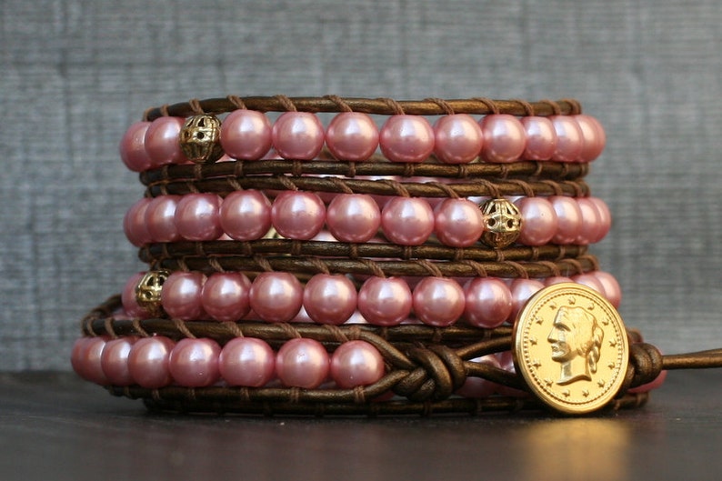 pearl wrap bracelet pink glass pearls with gold accents on bronze leather bohemian jewelry image 3