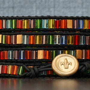 READY TO SHIP wrap bracelet- czech glass rectangles on black leather- stained glass colors- made to order