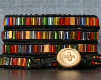 READY TO SHIP wrap bracelet- czech glass rectangles on black leather- stained glass colors- made to order