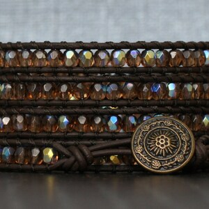 pulseira de cristal marrom - pulseira de cristal topázio em couro marrom preto - tom terra - neutro - joias boho glam