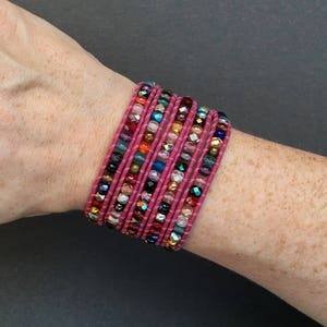 mixed crystal wrap bracelet with metal accents on bright pink leather yoga jewelry elephant jewelry inspired by India beaded rainbow image 6