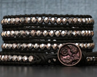 bohemian jewelry - wrap bracelet- frosted rose metallic crystal on black brown leather - antique victorian rose button - boho gypsy wedding