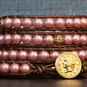 pearl wrap bracelet pink glass pearls with gold accents on bronze leather bohemian jewelry image 1
