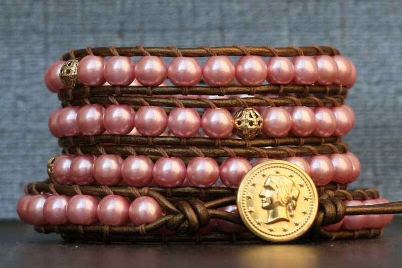 pearl wrap bracelet pink glass pearls with gold accents on bronze leather bohemian jewelry image 1