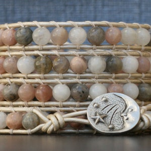 READY TO SHIP moonstone bracelet - bohemian wrap bracelet - natural mixed color moonstones on pearl white leather - boho jewelry