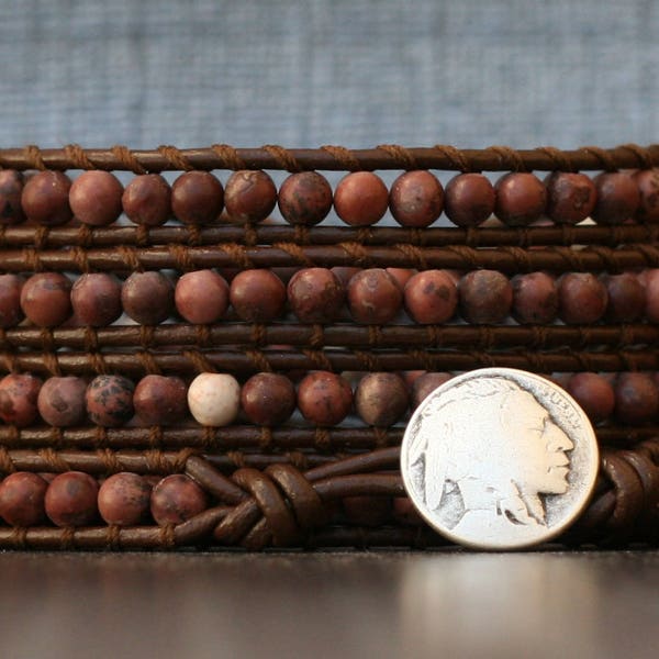 wrap bracelet- crazy horse jasper on dark brown leather- maroon burgundy red - boho gypsy bohemian western - indian head button