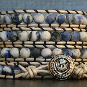 READY TO SHIP wrap bracelet- sodalite on pearl white leather- blue, white and silver