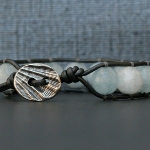 aquamarine bracelet single wrap bangle on pewter leather boho gypsy bohemian beach jewelry light blue image 1