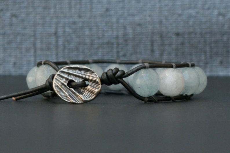 aquamarine bracelet single wrap bangle on pewter leather boho gypsy bohemian beach jewelry light blue image 1