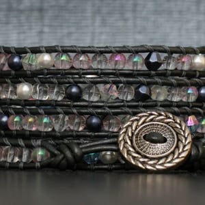 READY TO SHIP wrap bracelet - pearl and crystal on pewter leather - grey white - clear aurora borealis