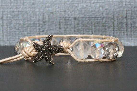 beach wedding - mermaid bracelet - starfish jewelry - beach jewelry - mixed clear crystal on pearl white leather - boho gypsy bohemian