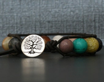 gemstone single wrap bangle bracelet on black brown leather - mens or women - boho gypsy bohemian jewelry - mixed gemstones - tree of life