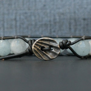 aquamarine bracelet single wrap bangle on pewter leather boho gypsy bohemian beach jewelry light blue image 5