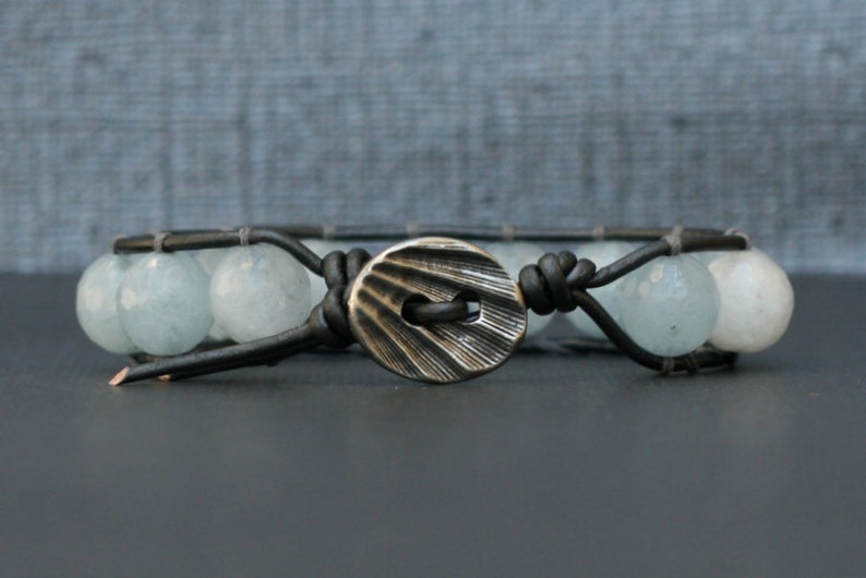 aquamarine bracelet single wrap bangle on pewter leather boho gypsy bohemian beach jewelry light blue image 5