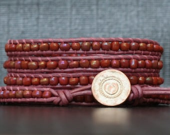 hart armband - Rocailles op licht roze leren - eenvoudige casual Boheemse jewelry - boho armband